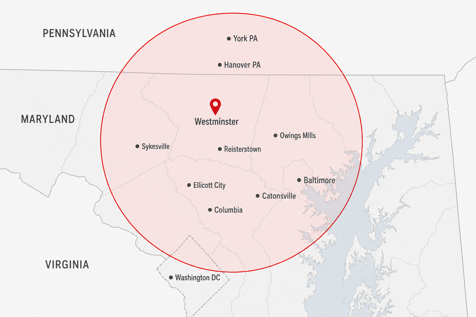 Map of IAG Collision service area centered on Westminster, MD, covering Carroll County, Baltimore metro, Howard County, Washington DC, and nearby Pennsylvania including York and Hanover